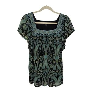 Apt 9 Flutter Sleeve Square Neck Paisley Print Blouse Size XL Whimsical Retro